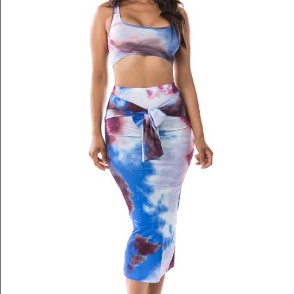2 Piece Matching Skirt Set . Tie Dye, Crop Top and Maxi Skirt